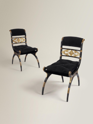 Pair of Regency Ebonised & Parcel Gilt Curule Side Chairs
